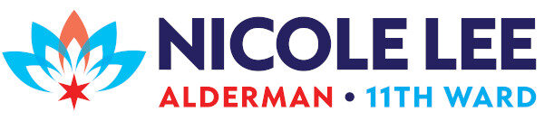 Nicole Lee Alderman 11th Ward logo. Name with a flower icon.